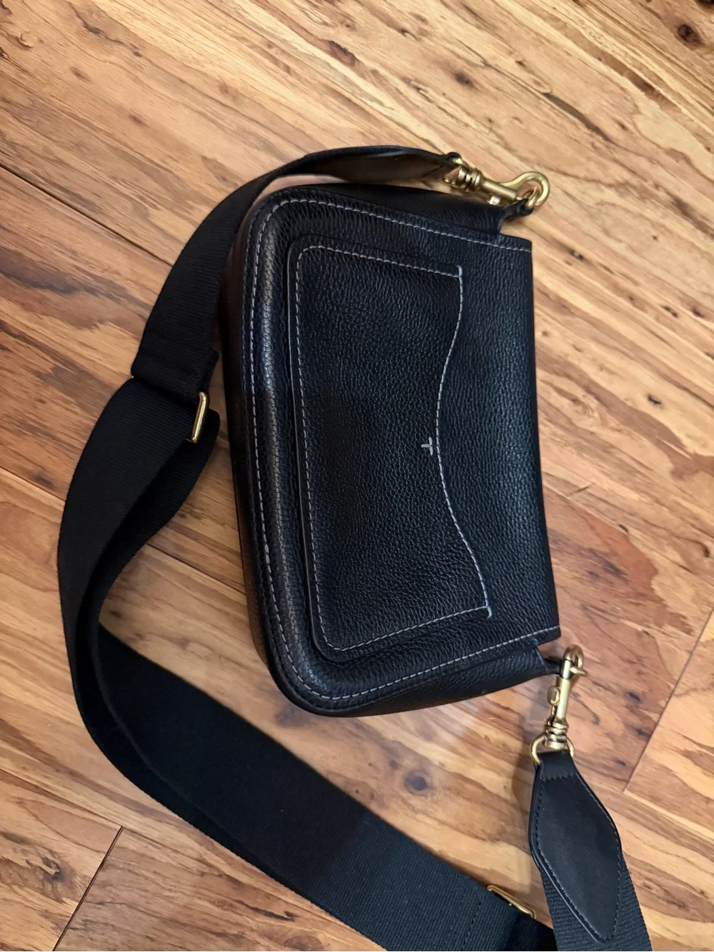 Tory Burch Black Leather Crossbody with Wide Strap and Logo Flap
